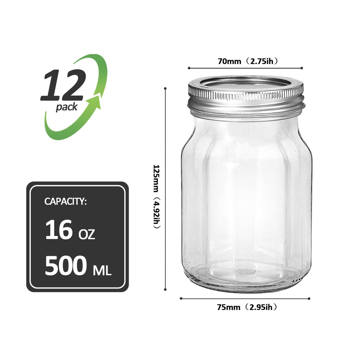 16oz Regular Mouth Mason Jars, 12 Pack with Lids & Bands Z726