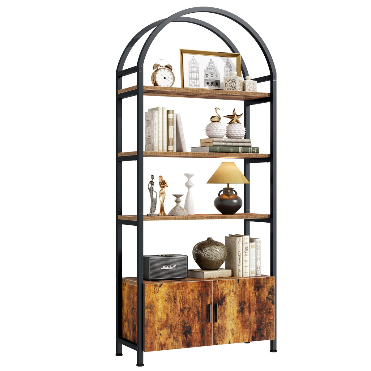Arched 71 Inch Tall 5 Tier Wood and Metal Bookshelf with Storage Cabinet X609582