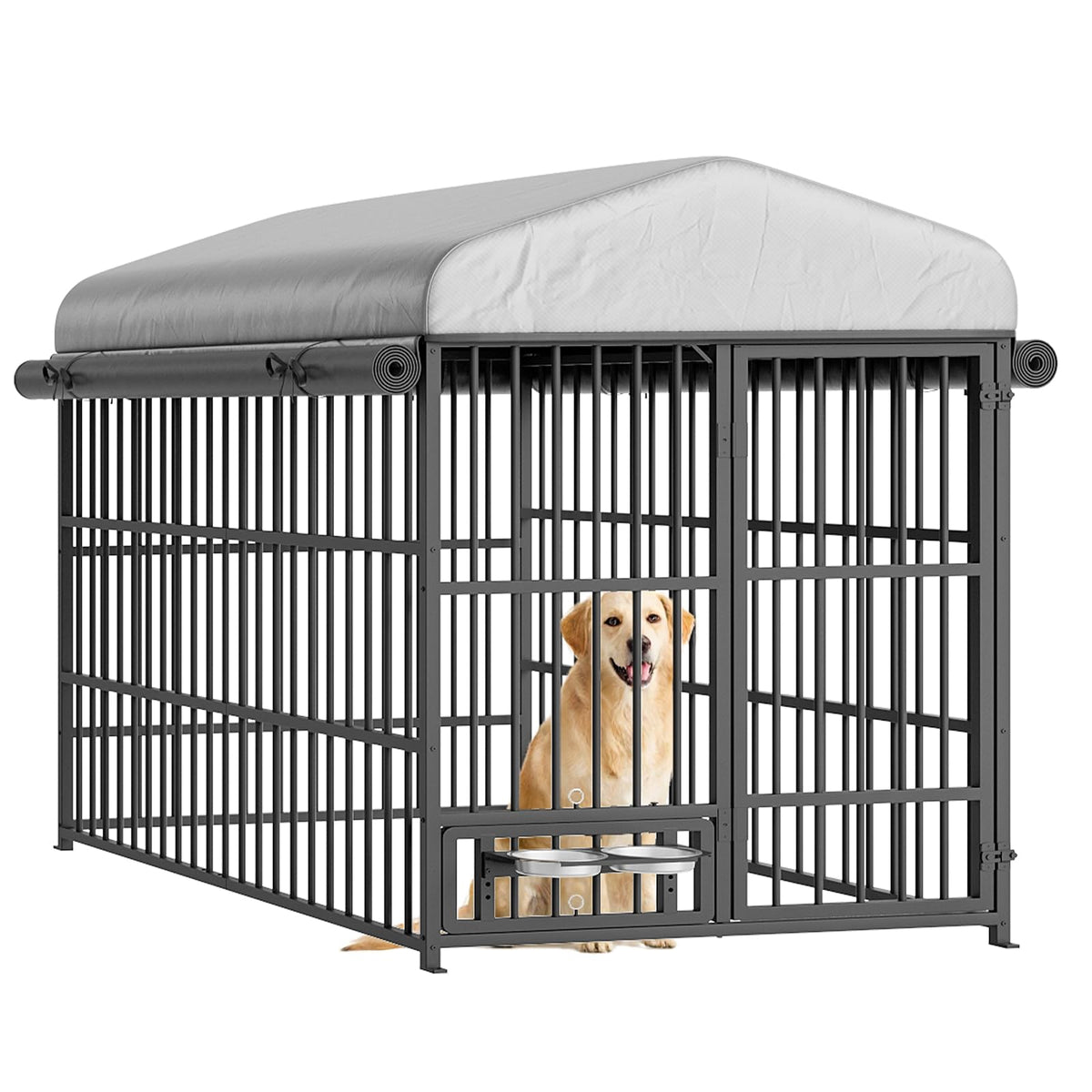 Black Dog Kennel with Cover and Feeding Bowls H2340