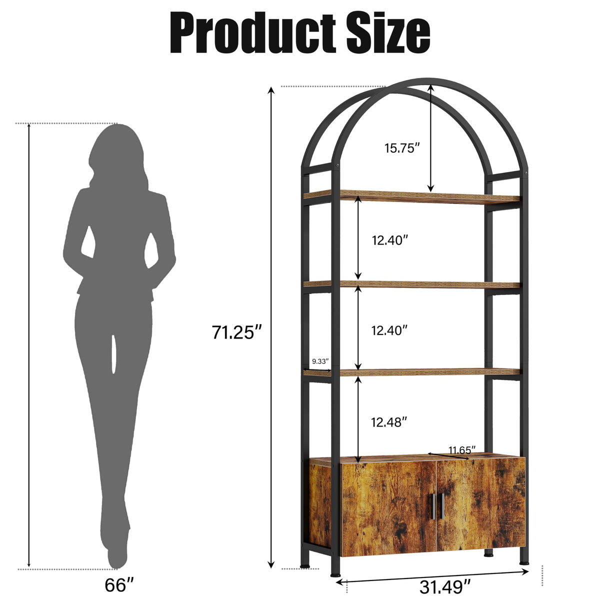 Arched 71 Inch Tall 5 Tier Wood and Metal Bookshelf with Storage Cabinet X609582