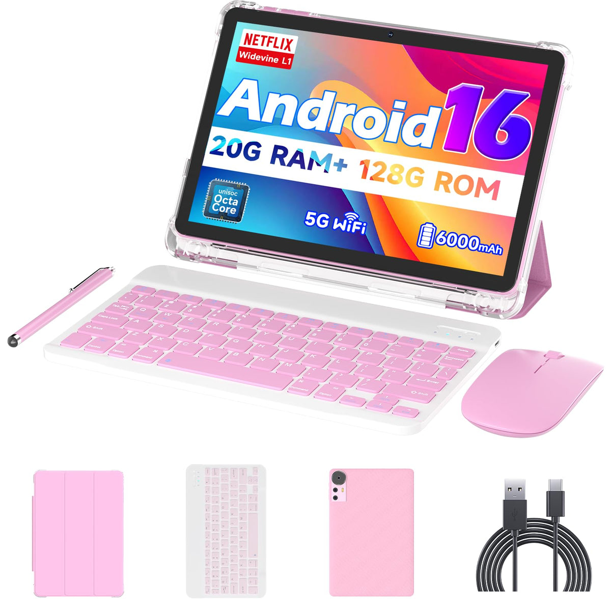 Android 16 Tablet 10 inch 20GB RAM 128GB ROM Octa-core Pink T83997