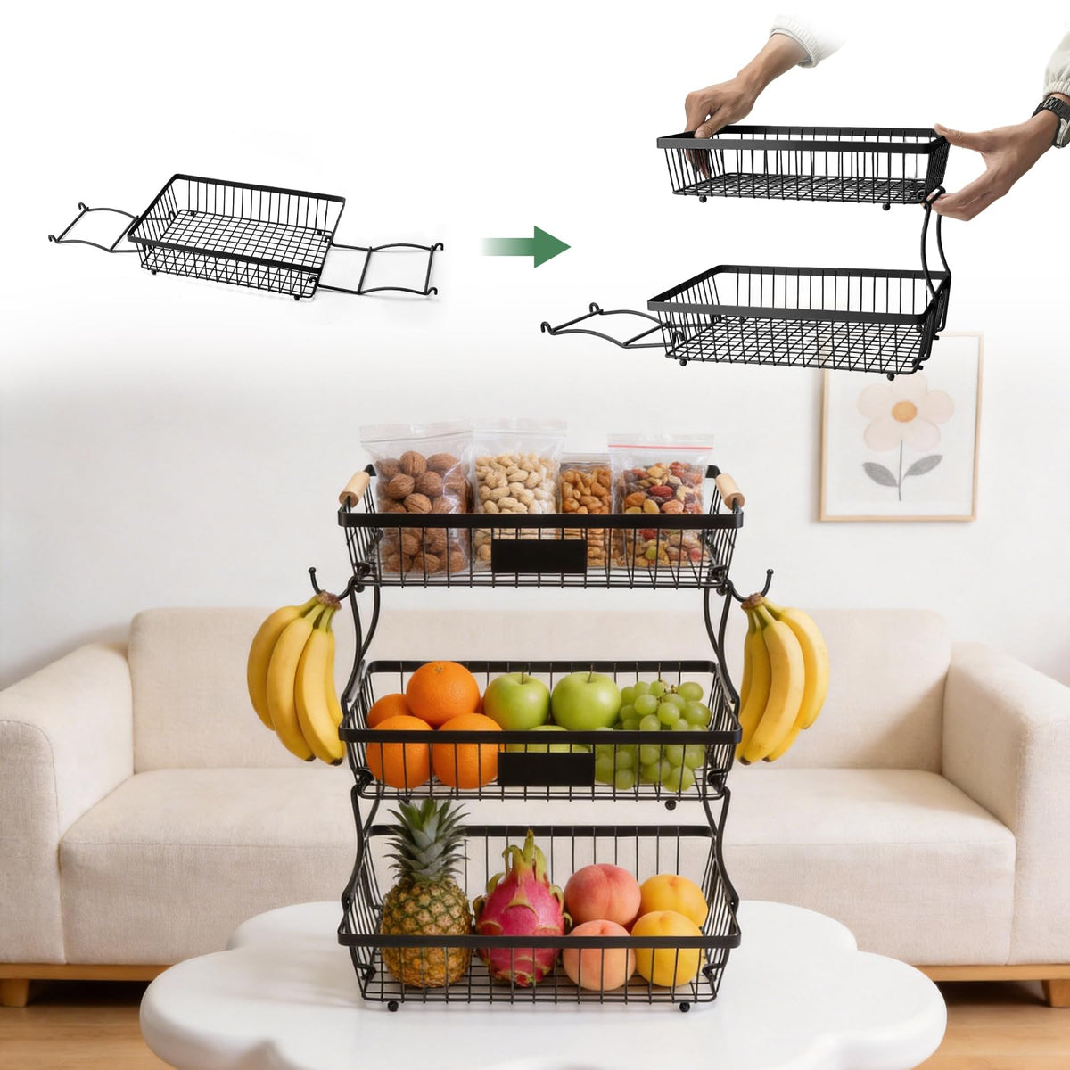 3 Tier Black Mesh Fruit Basket with 2 Banana Hangers G300