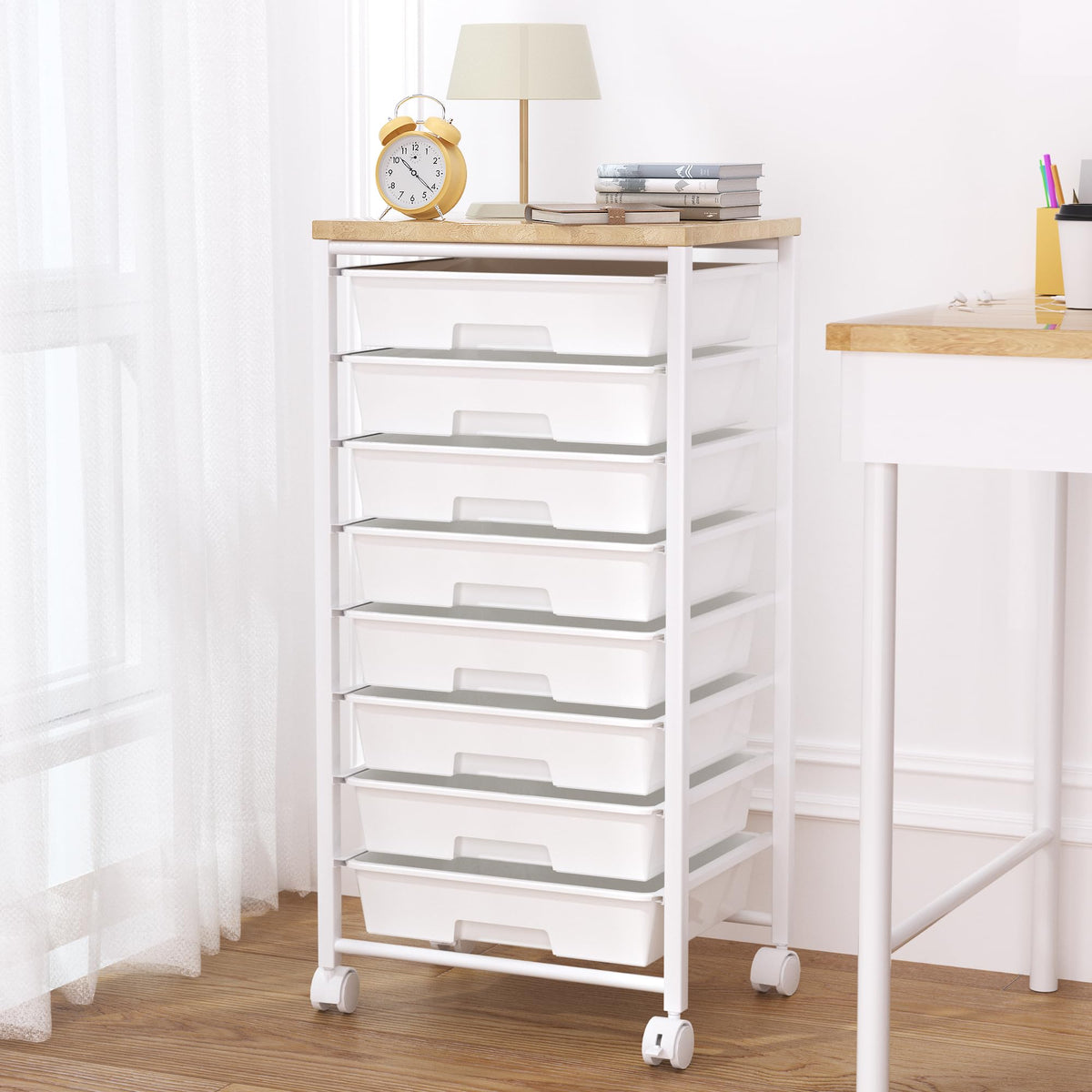 8 Drawer Rolling Storage Cart with Wooden Tabletop J93384
