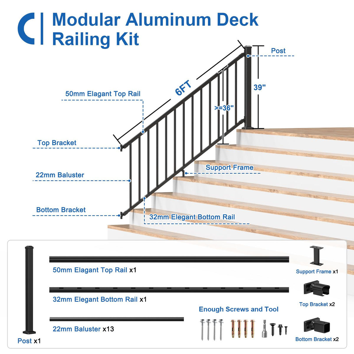 1 Pack 36 in. H x 6 ft. W Aluminum Stair Railing Kit with Post T43863