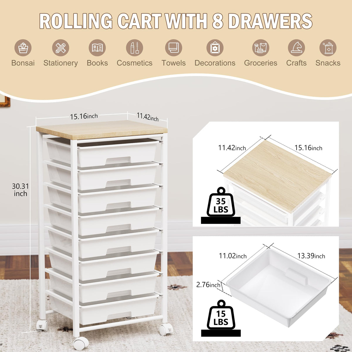 8 Drawer Rolling Storage Cart with Wooden Tabletop J93384