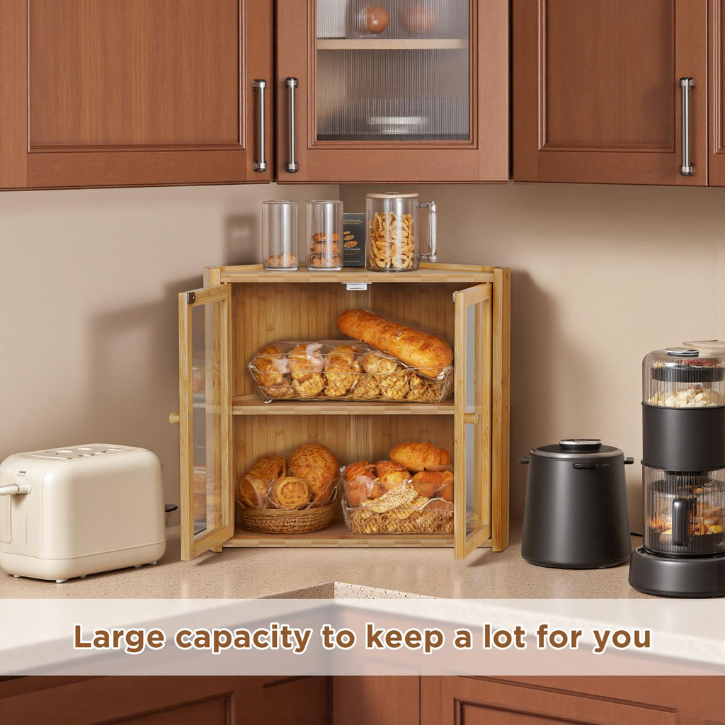 Double Layer Bamboo Bread Box with 2 Doors O2894