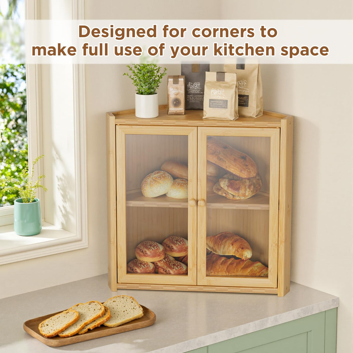 Double Layer Bamboo Bread Box with 2 Doors O2894