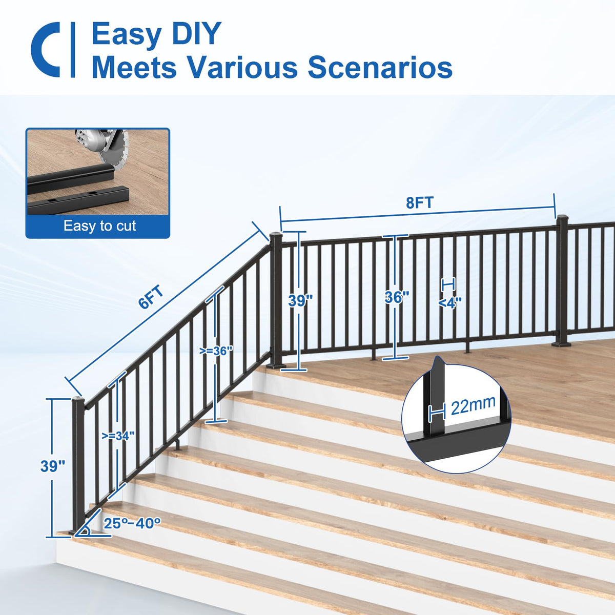 1 Pack 36 in. H x 6 ft. W Aluminum Stair Railing Kit with Post T43863