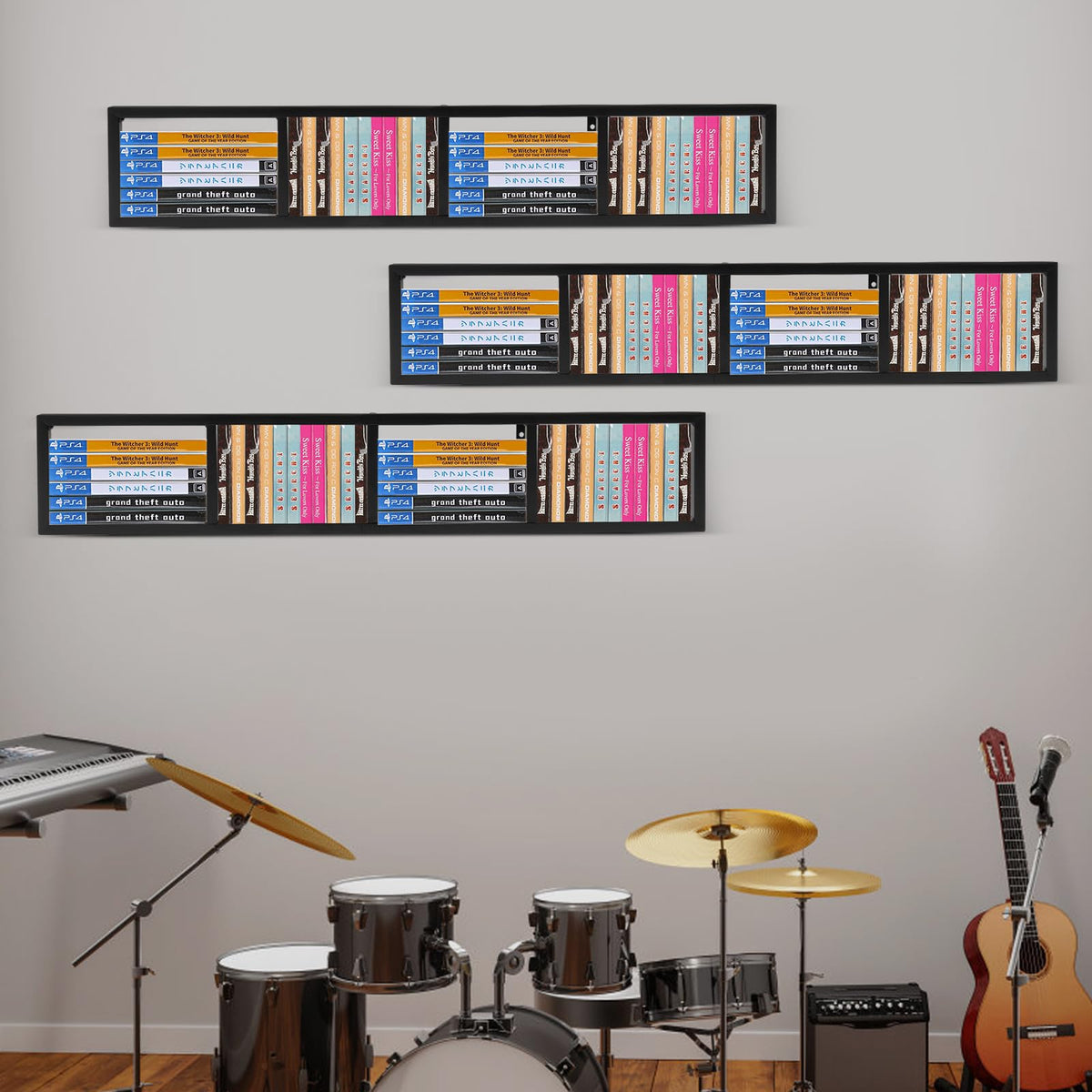 Black 3Pcs Wall Mount Media Storage Rack Q7141