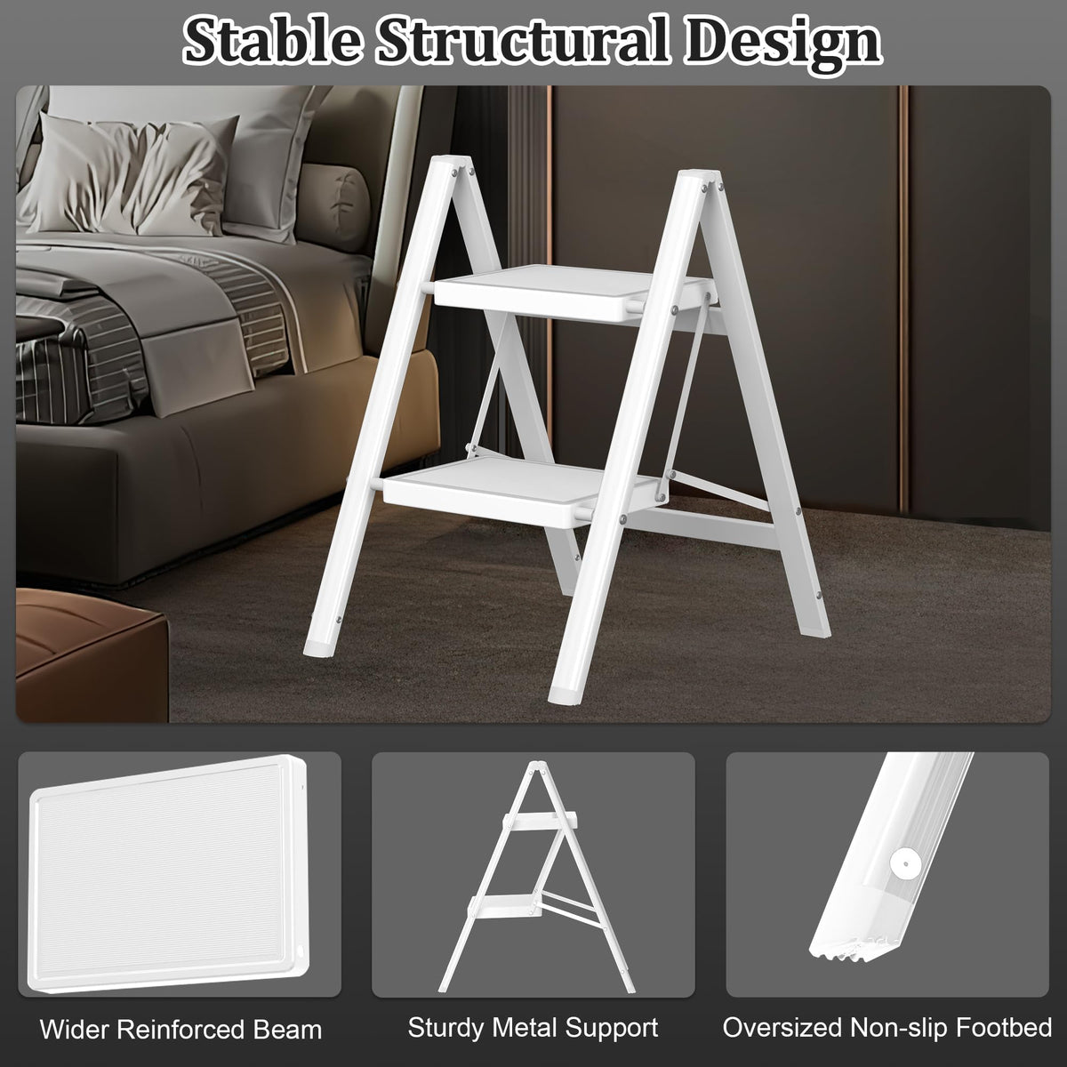 2 Step Folding Steel Ladder 330lbs Capacity White T73631