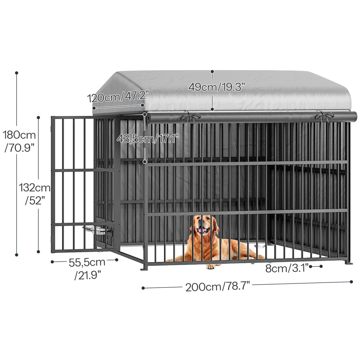 Black Dog Kennel with Cover and Feeding Bowls H2340