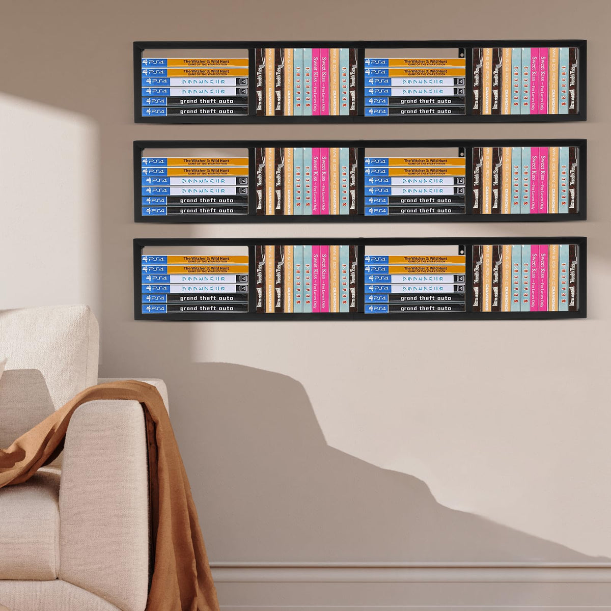 Black 3Pcs Wall Mount Media Storage Rack Q7141
