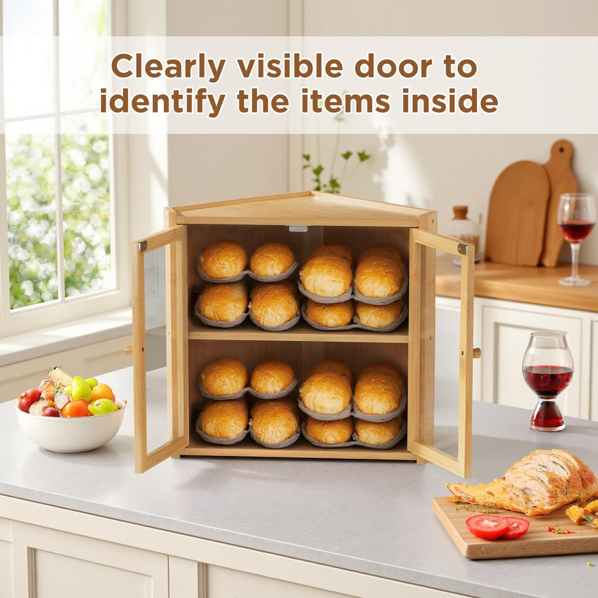 Double Layer Bamboo Bread Box with 2 Doors O2894