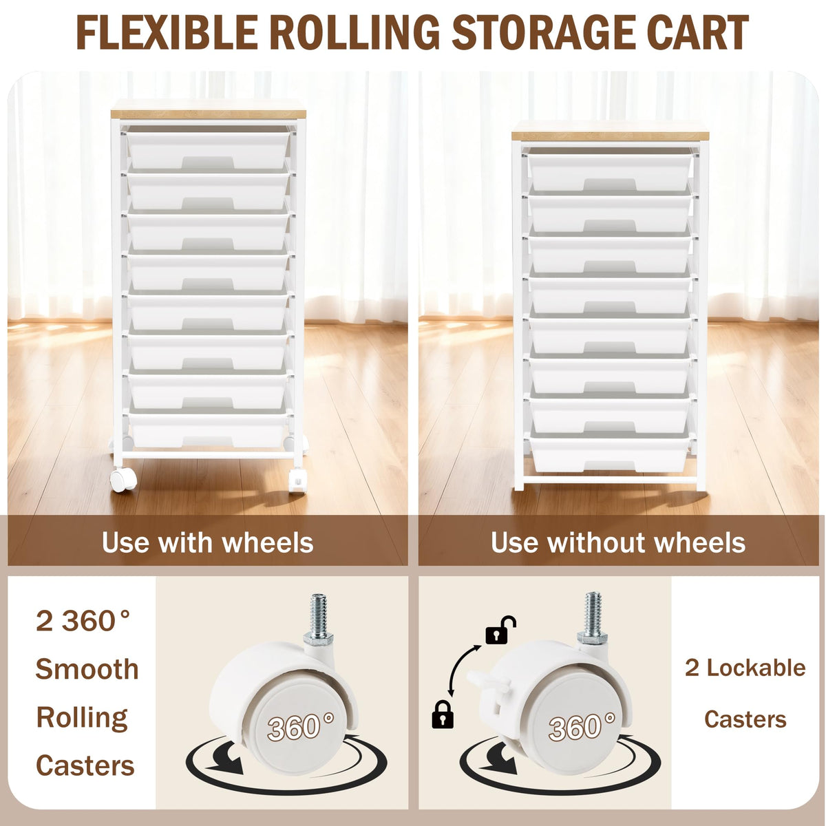 8 Drawer Rolling Storage Cart with Wooden Tabletop J93384