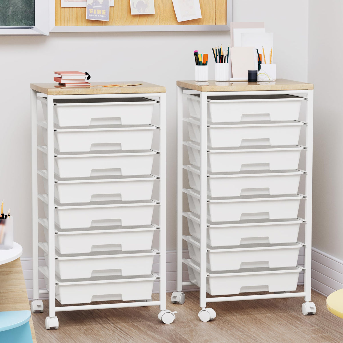 8 Drawer Rolling Storage Cart with Wooden Tabletop J93384