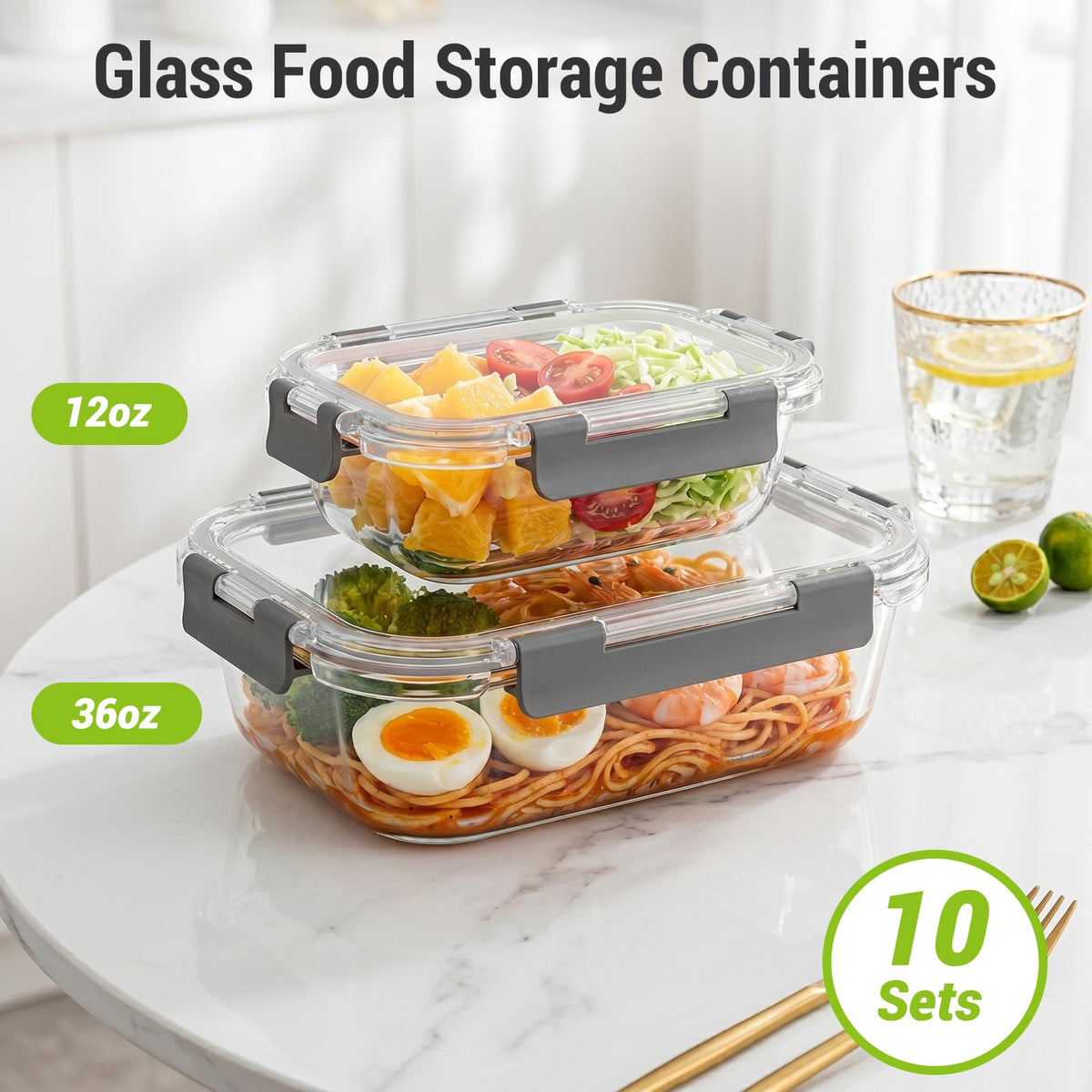 10 Sets 36 oz & 12 oz Glass Food Storage Containers with Lids, Gray Z17138