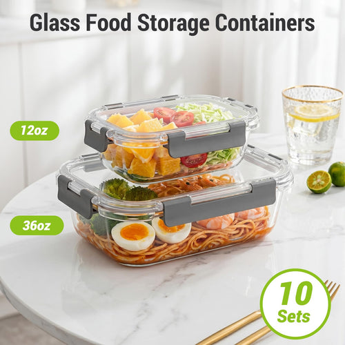 10 Sets 36 oz & 12 oz Glass Food Storage Containers with Lids, Gray Z17138