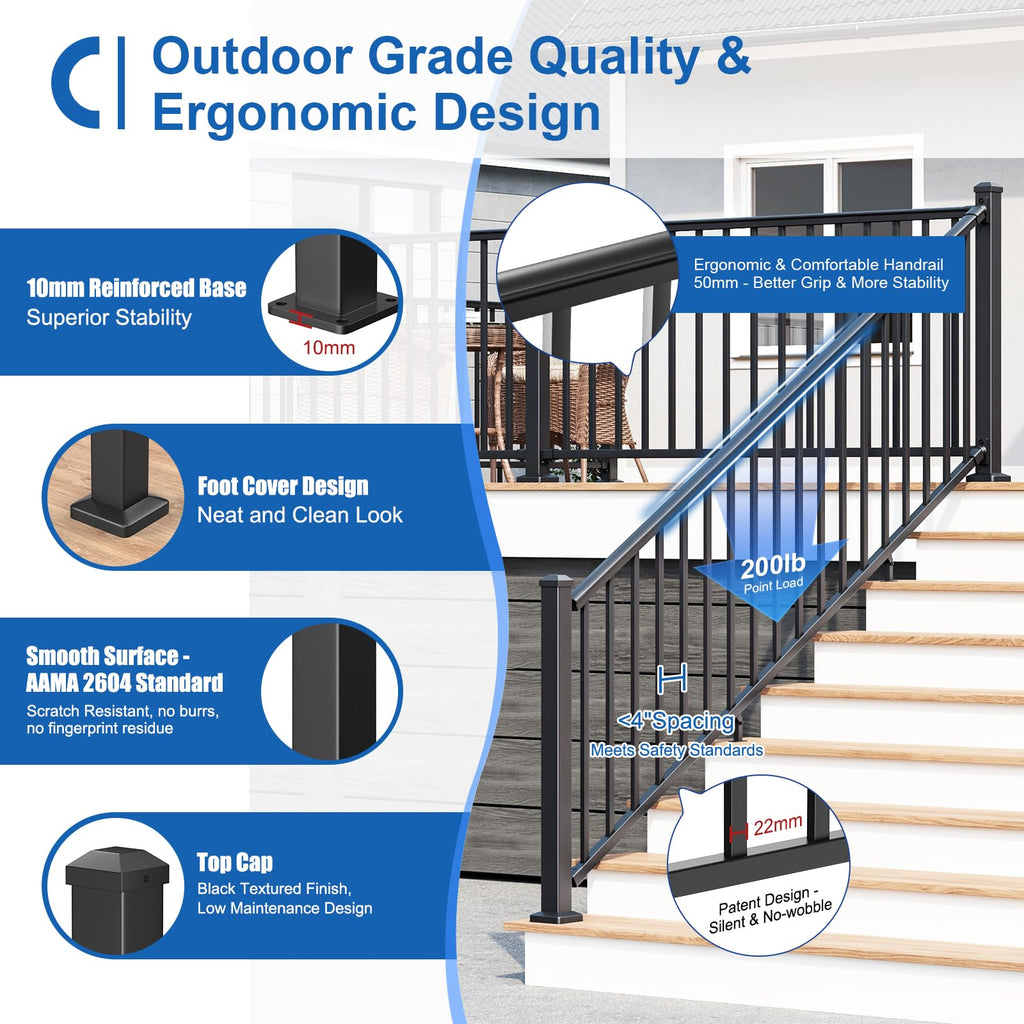 1 Pack 36 in. H x 6 ft. W Aluminum Stair Railing Kit with Post T43863