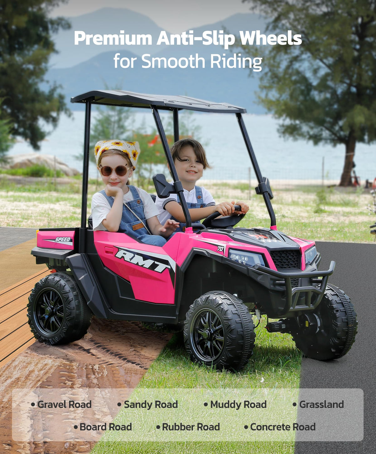 24V 2 Seater Ride on Car with Sun Shade Dump Bed Shovel Hot Pink A690816