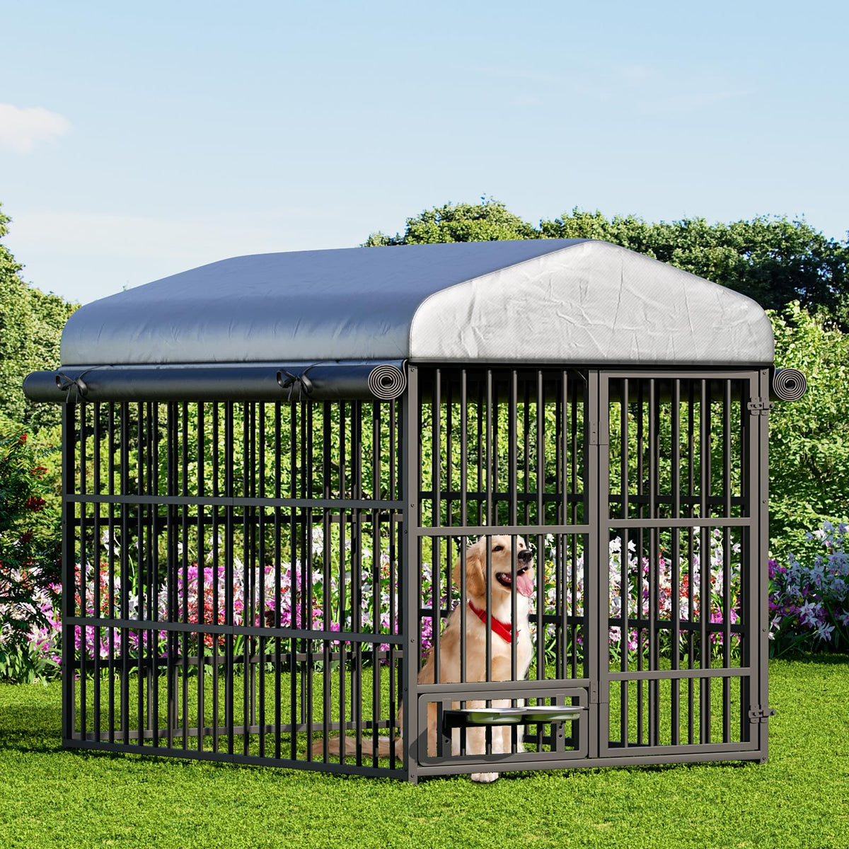 Black Dog Kennel with Cover and Feeding Bowls H2340
