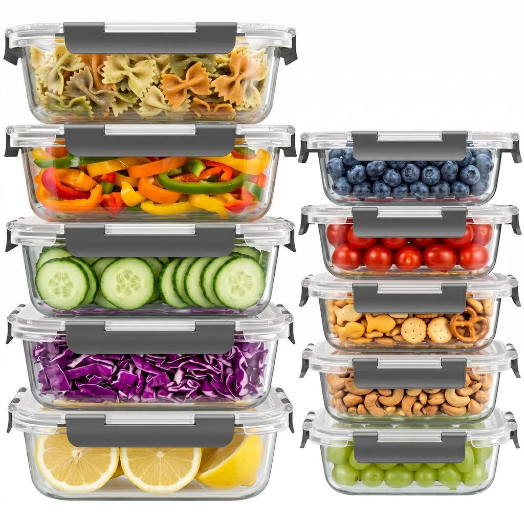 10 Sets 36 oz & 12 oz Glass Food Storage Containers with Lids, Gray Z17138