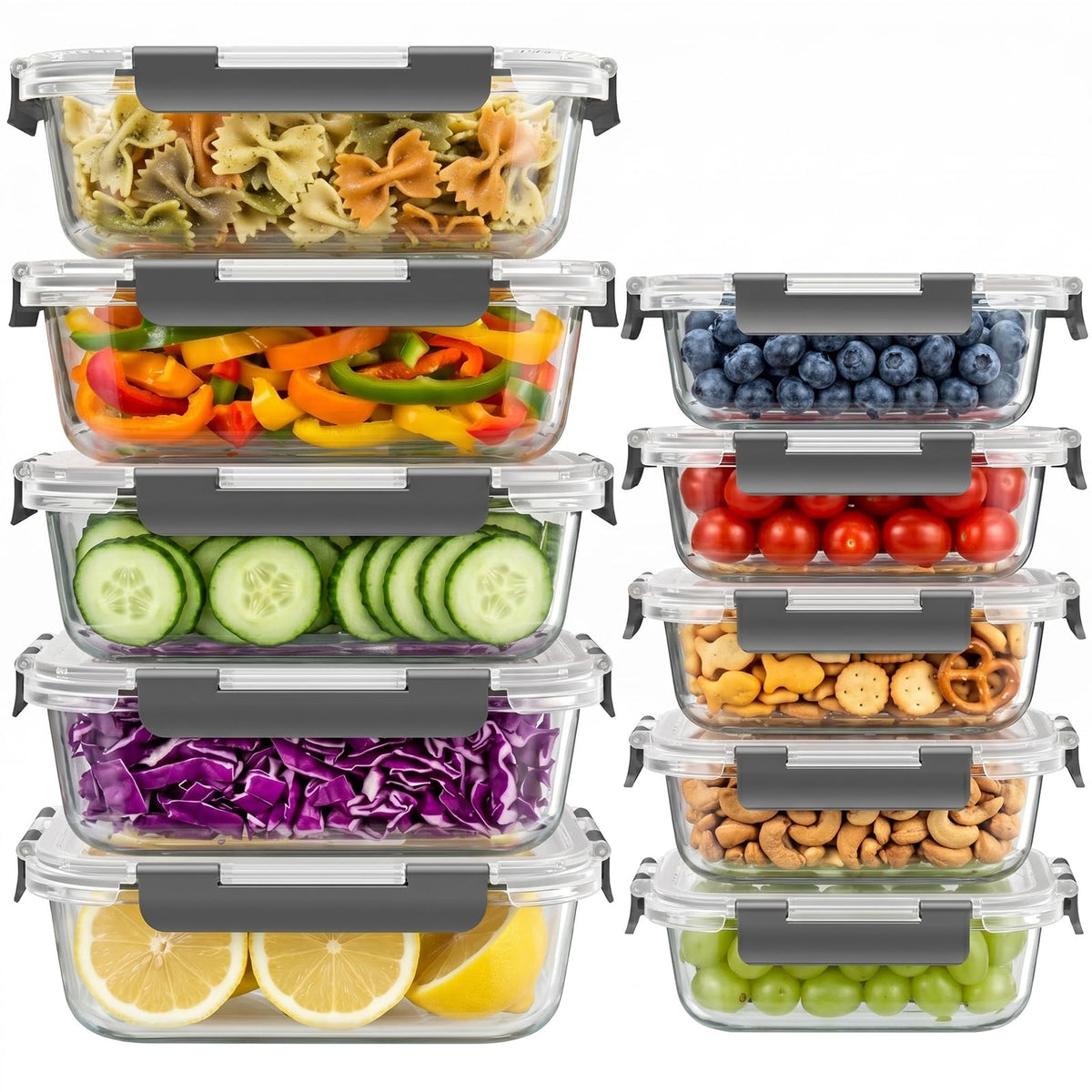 10 Sets 36 oz & 12 oz Glass Food Storage Containers with Lids, Gray Z17138