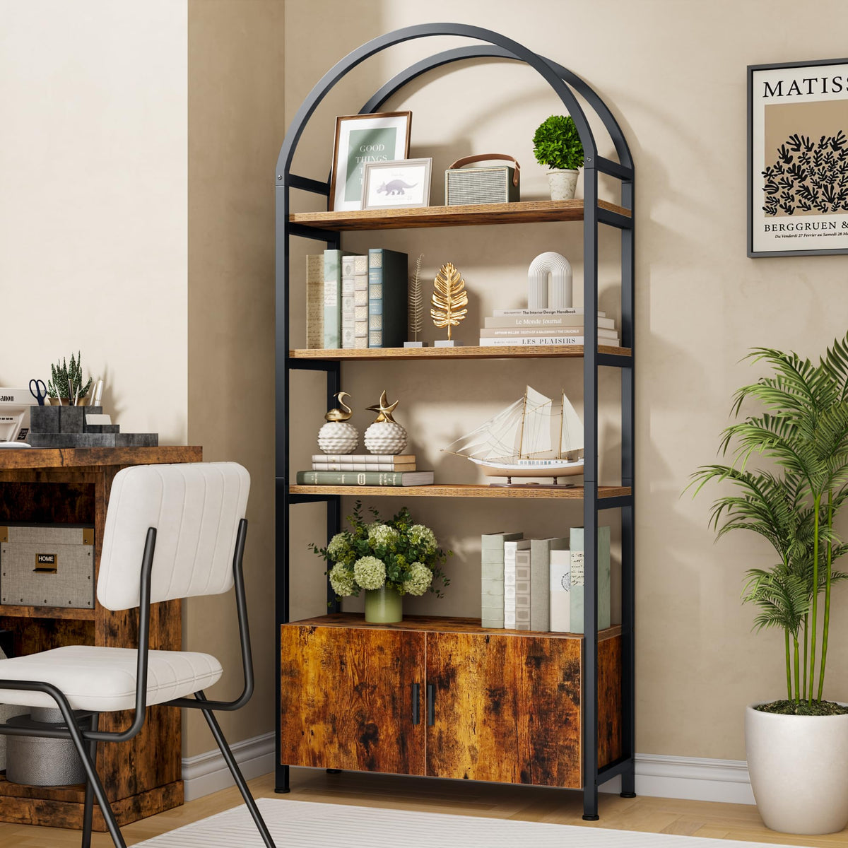 Arched 71 Inch Tall 5 Tier Wood and Metal Bookshelf with Storage Cabinet X609582