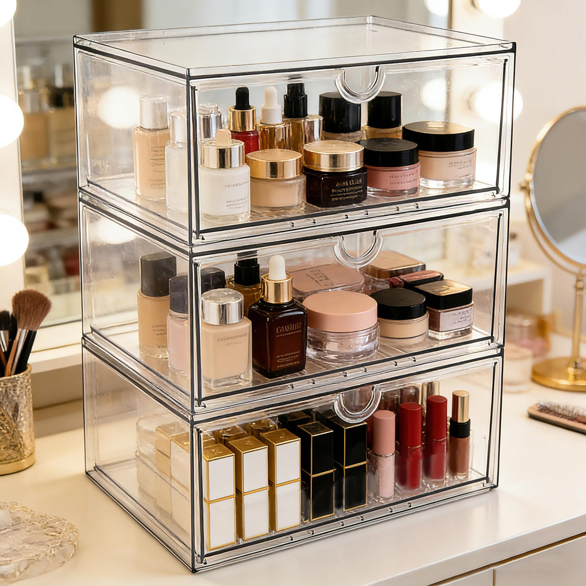 Acrylic Makeup Organizer, 3 Pack Stackable Clear Storage Drawers H42193
