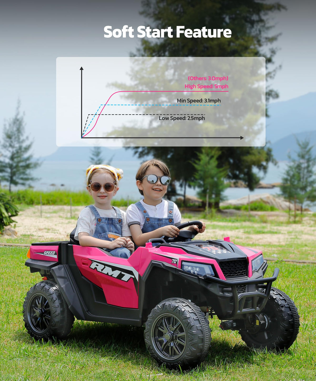 24V 2 Seater Ride on Car with Sun Shade Dump Bed Shovel Hot Pink A690816