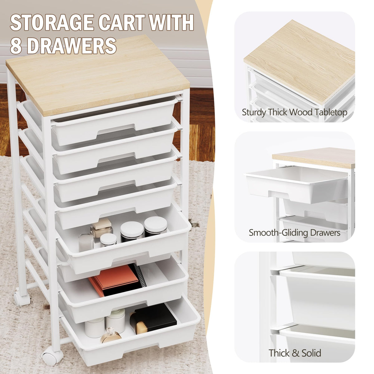 8 Drawer Rolling Storage Cart with Wooden Tabletop J93384