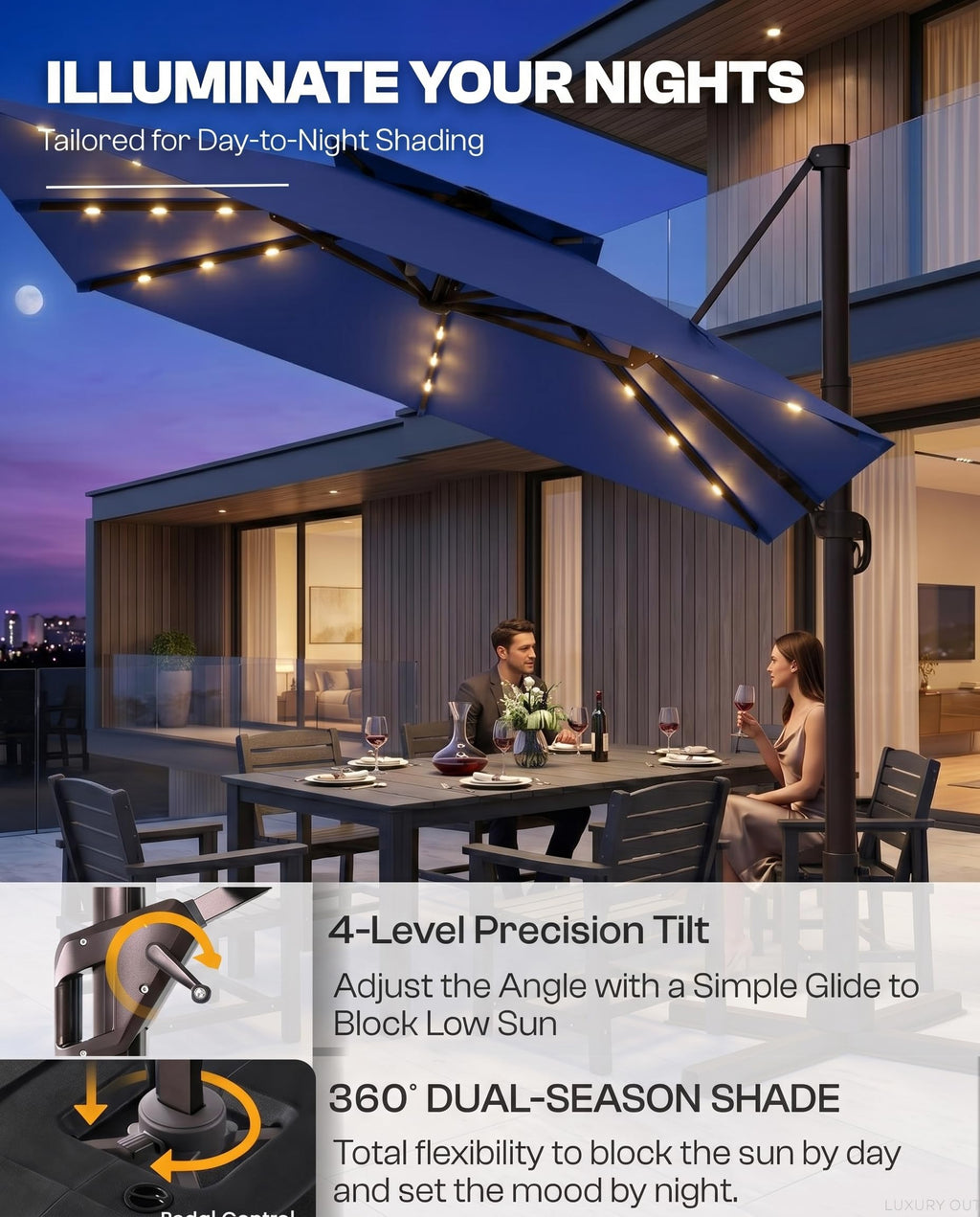 11x11 FT Double-Top Cantilever Patio Umbrella with Lights Q8599