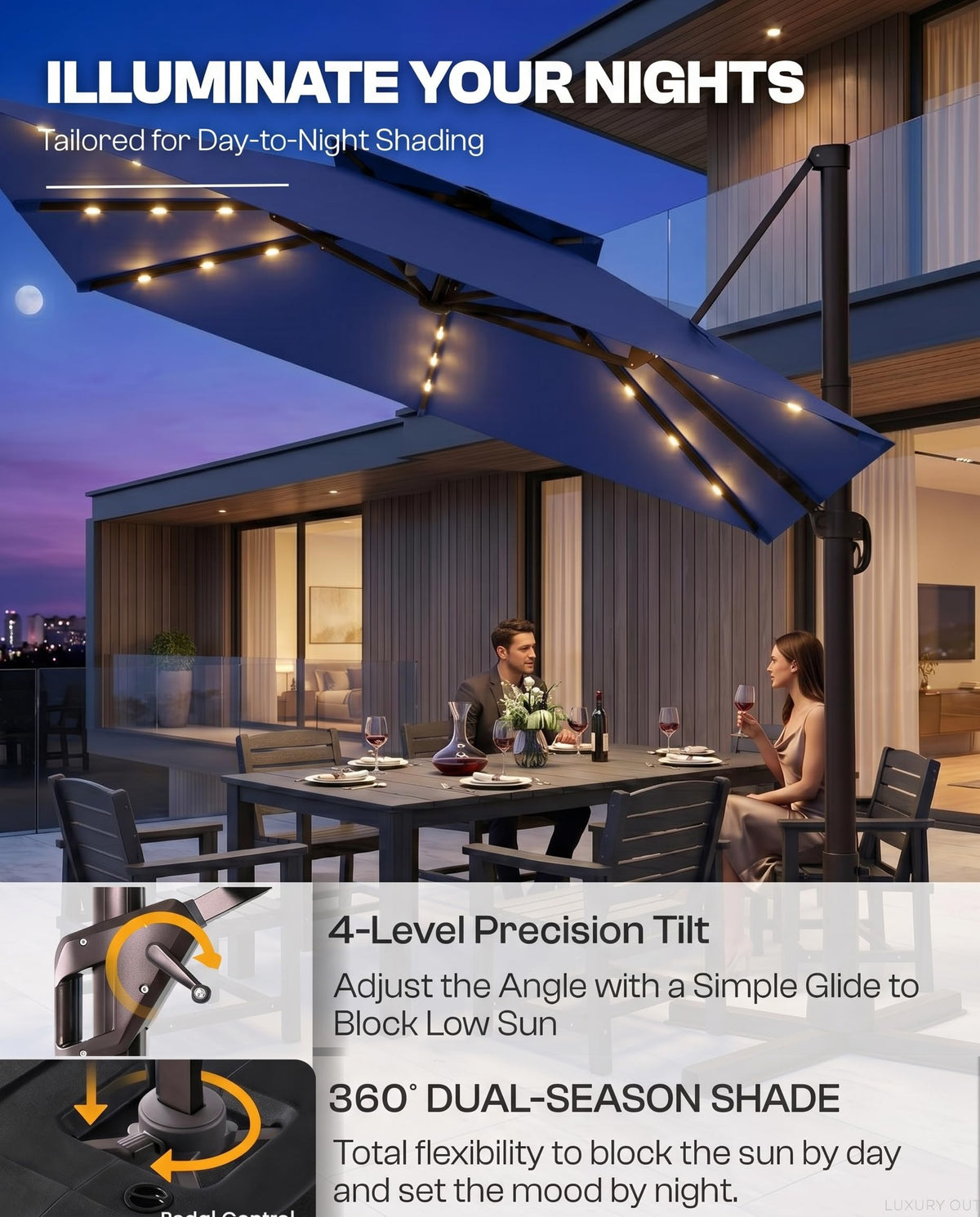 11x11 FT Double-Top Cantilever Patio Umbrella with Lights Q8599
