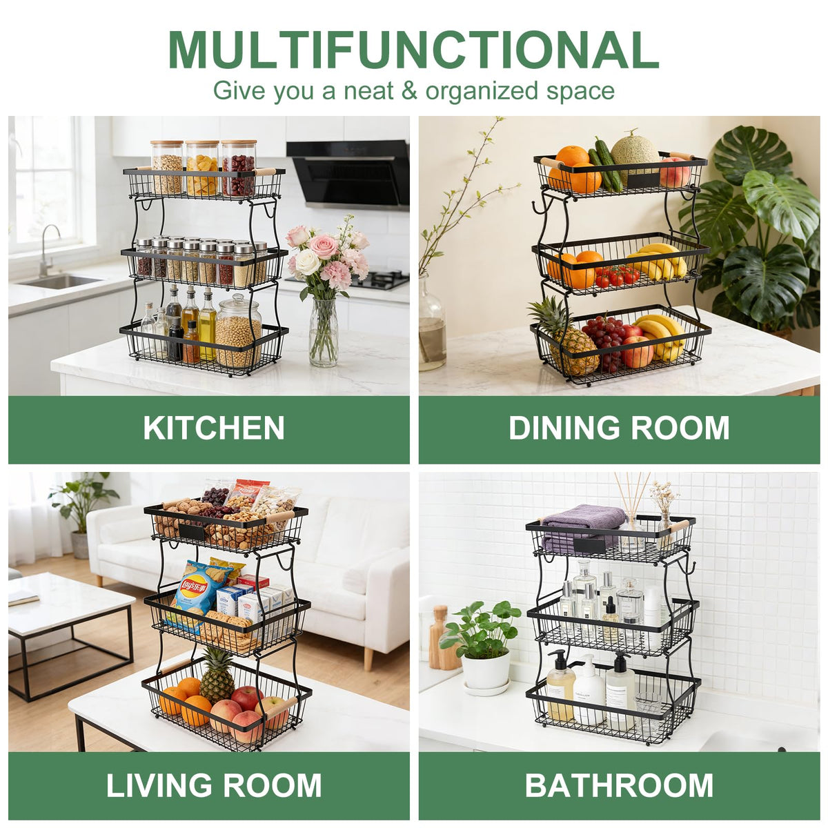 3 Tier Black Mesh Fruit Basket with 2 Banana Hangers G300