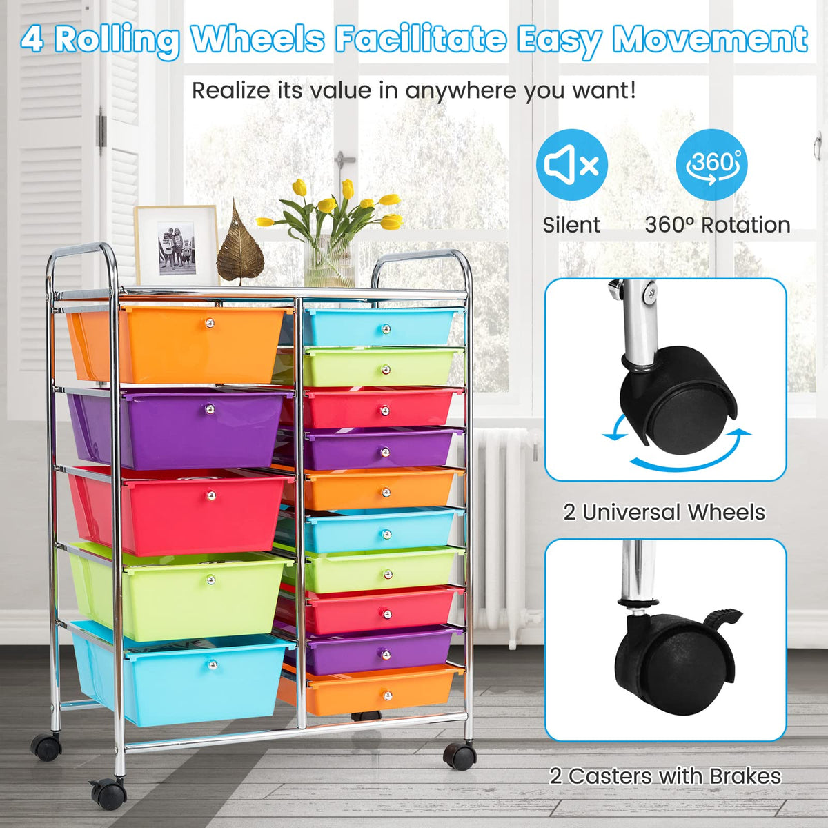 15 Drawer Rolling Cart with Lockable Wheels J28739
