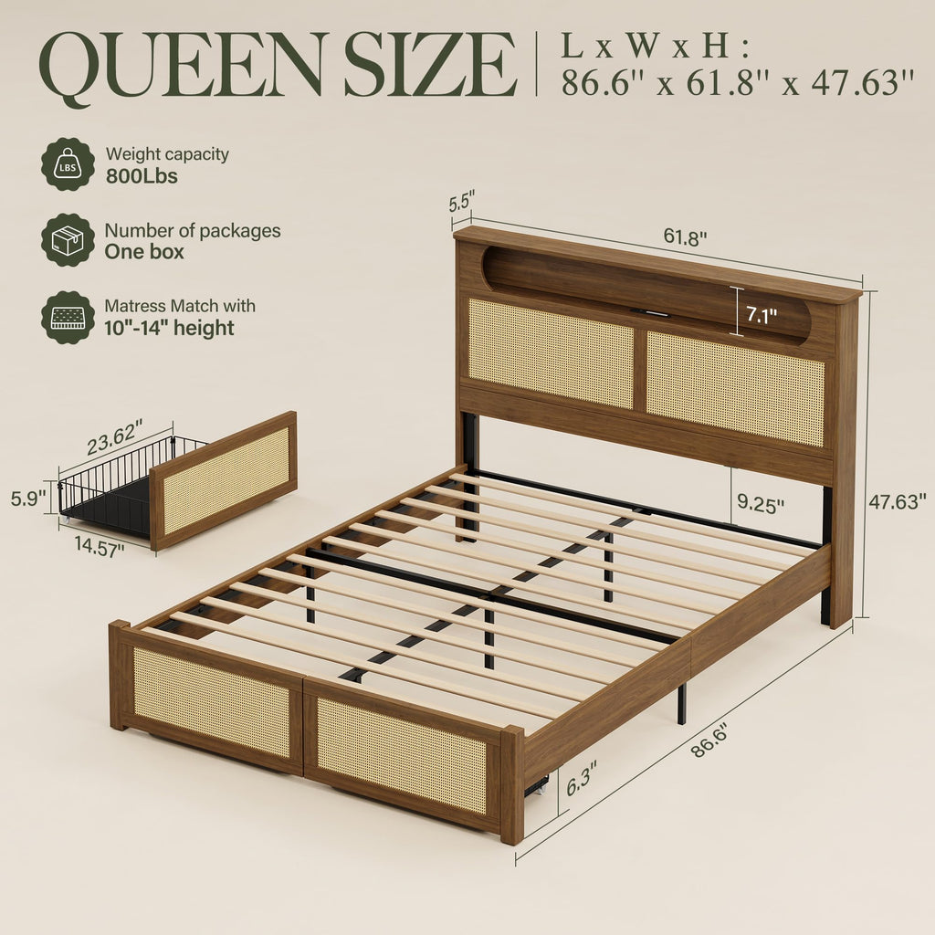 Queen Size Rattan Bed Frame with 2 Storage Drawers V48400