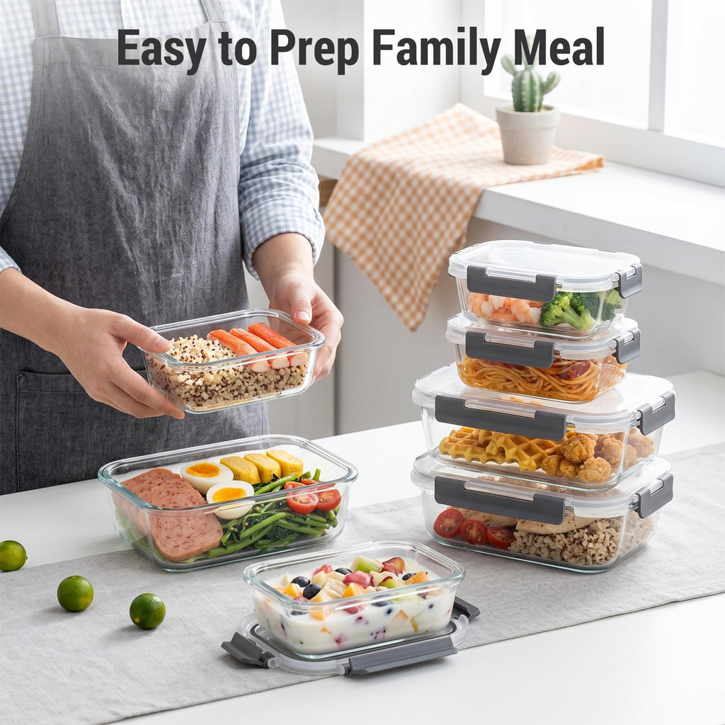 10 Sets 36 oz & 12 oz Glass Food Storage Containers with Lids, Gray Z17138