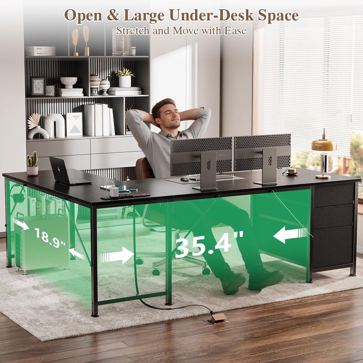 63" L Shaped Computer Desk with Outlets Black F5414