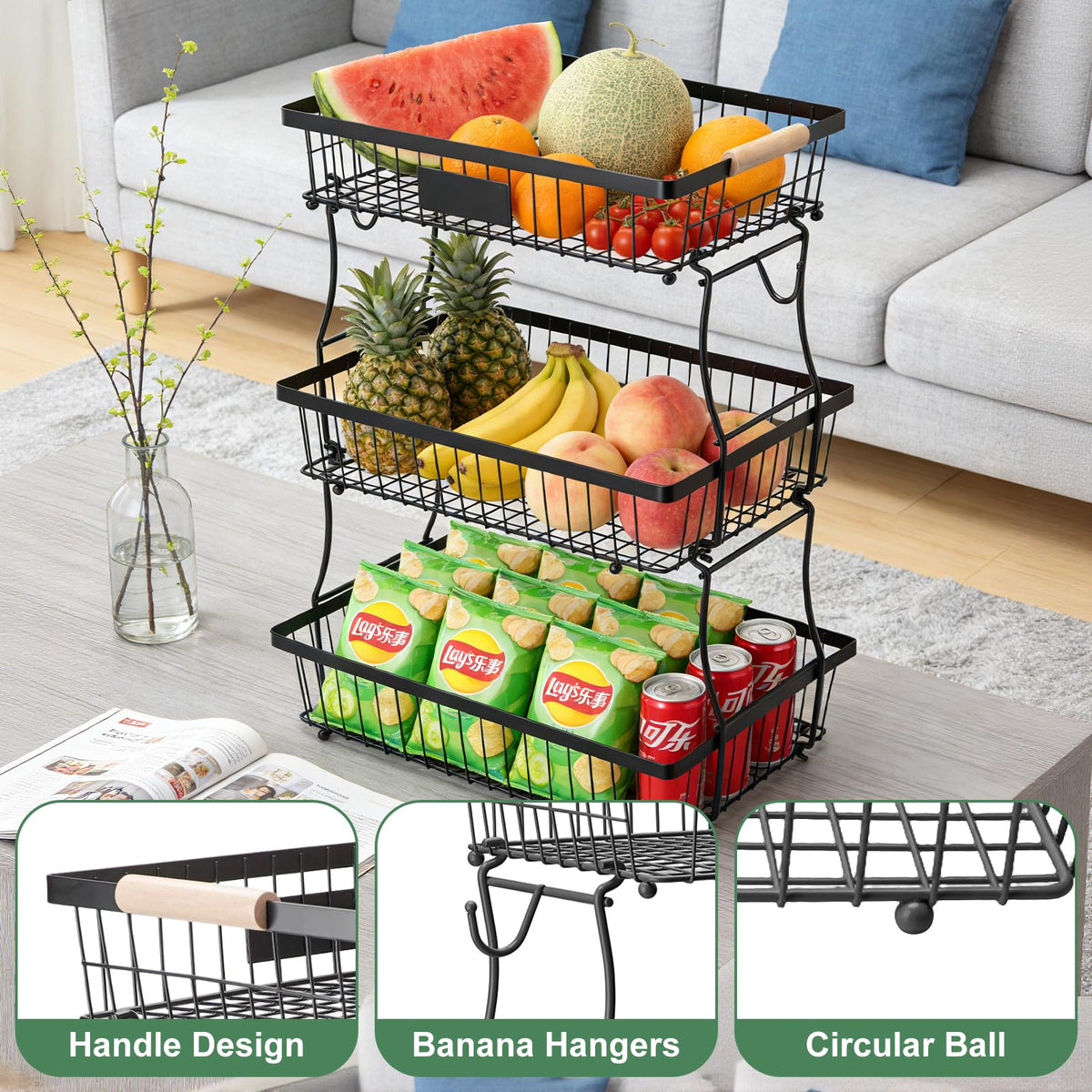 3 Tier Black Mesh Fruit Basket with 2 Banana Hangers G300