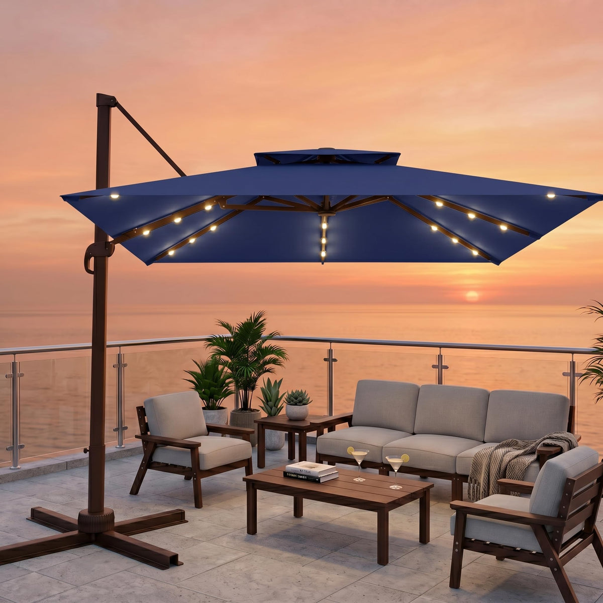 11x11 FT Double-Top Cantilever Patio Umbrella with Lights Q8599