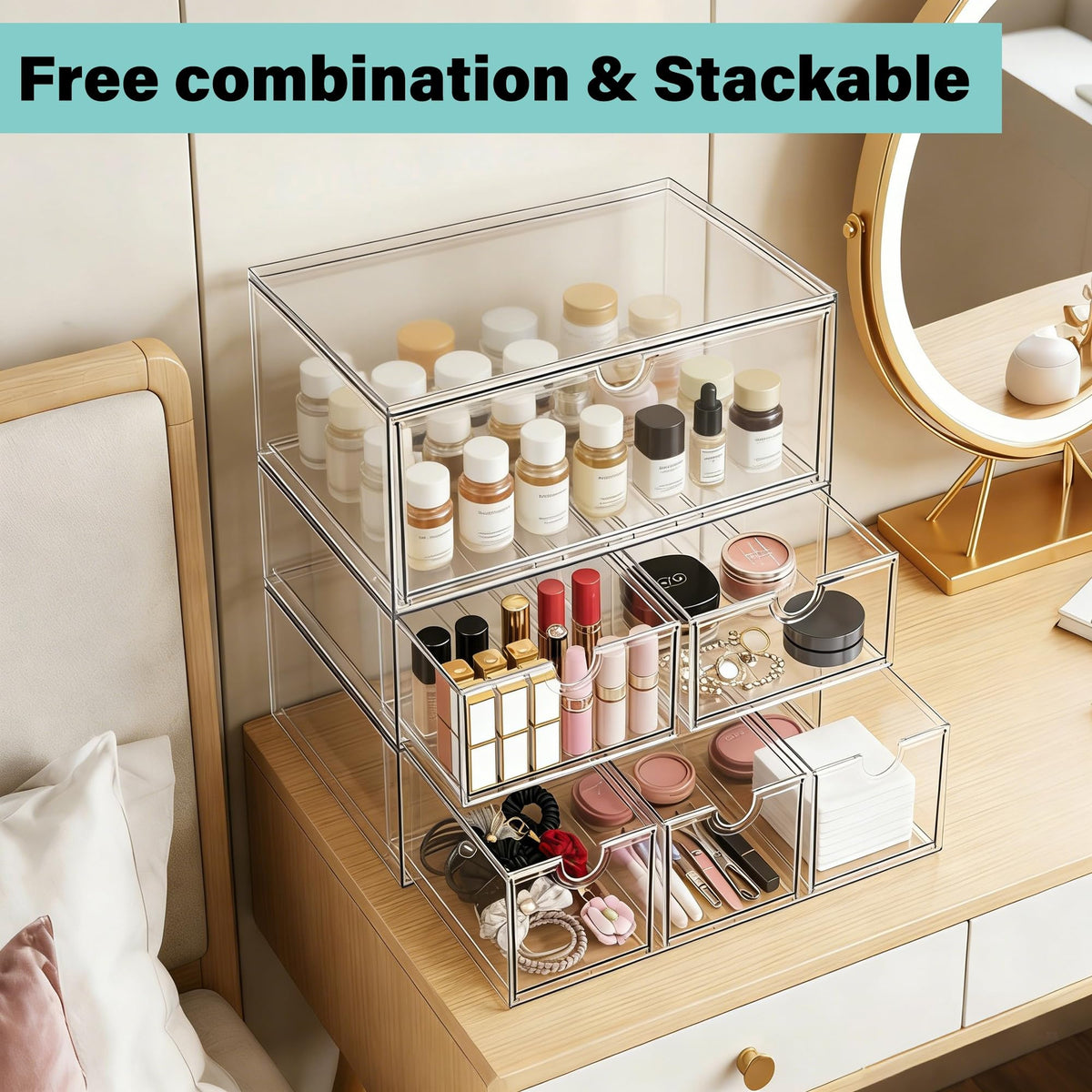Acrylic Makeup Organizer, 3 Pack Stackable Clear Storage Drawers H42193