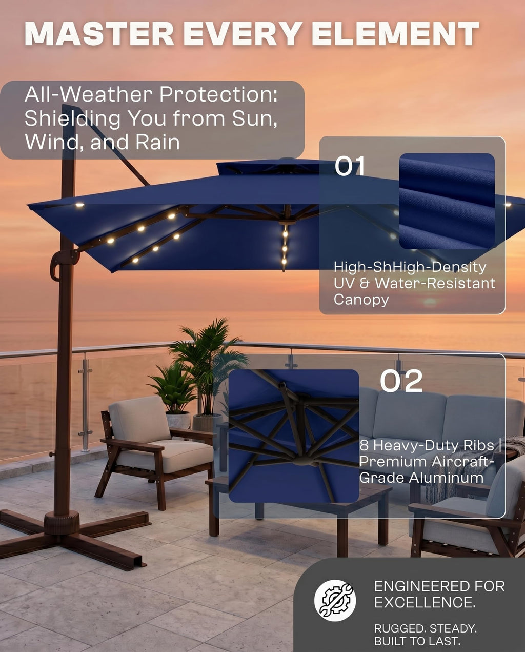 11x11 FT Double-Top Cantilever Patio Umbrella with Lights Q8599