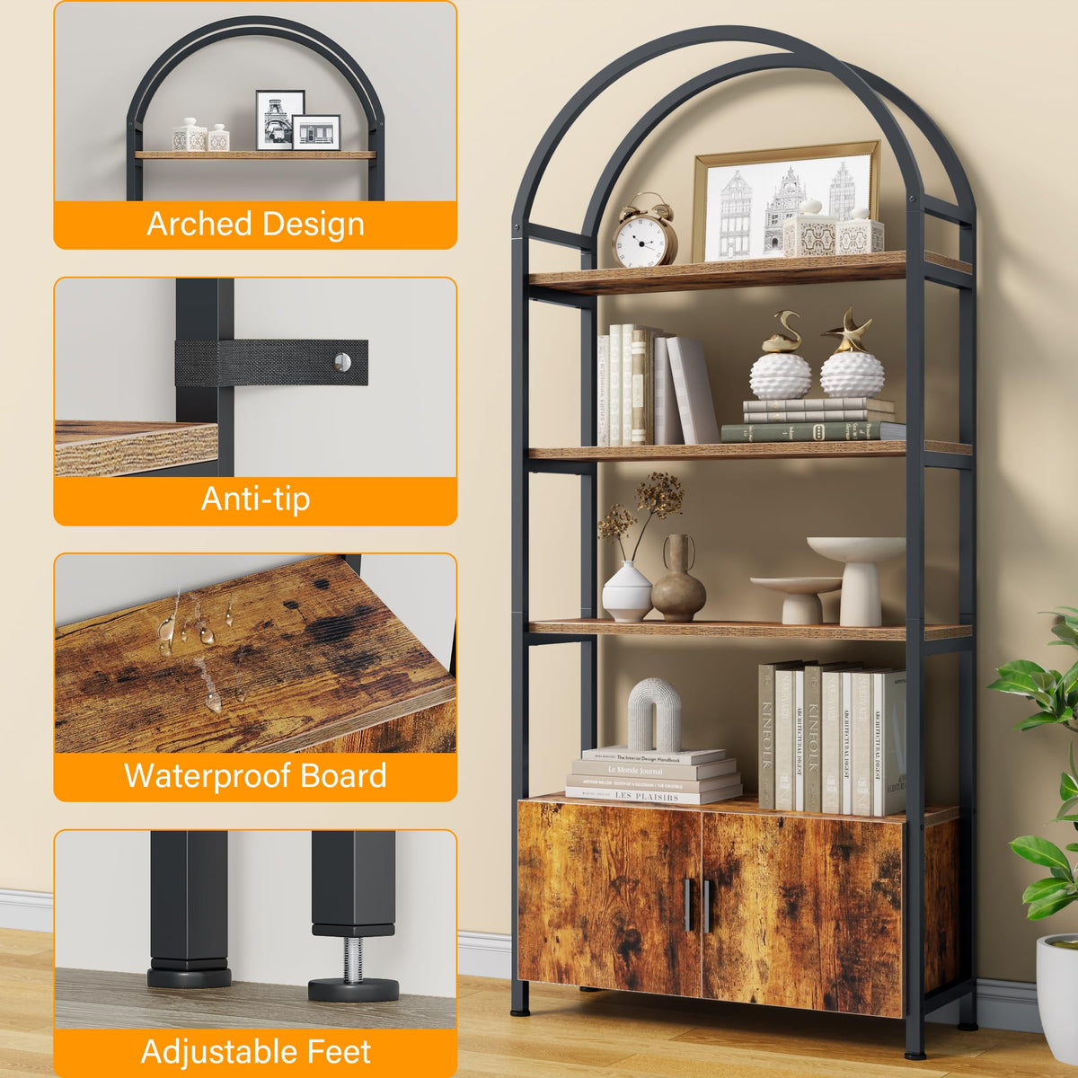 Arched 71 Inch Tall 5 Tier Wood and Metal Bookshelf with Storage Cabinet X609582