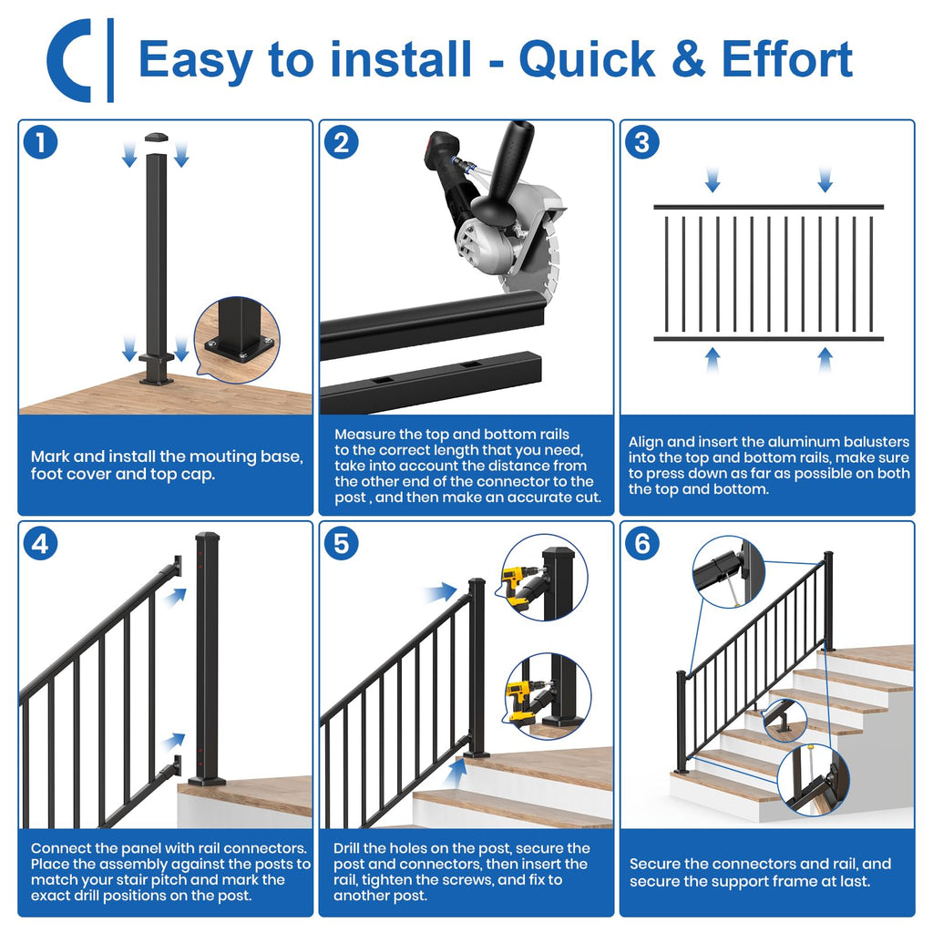 1 Pack 36 in. H x 6 ft. W Aluminum Stair Railing Kit with Post T43863
