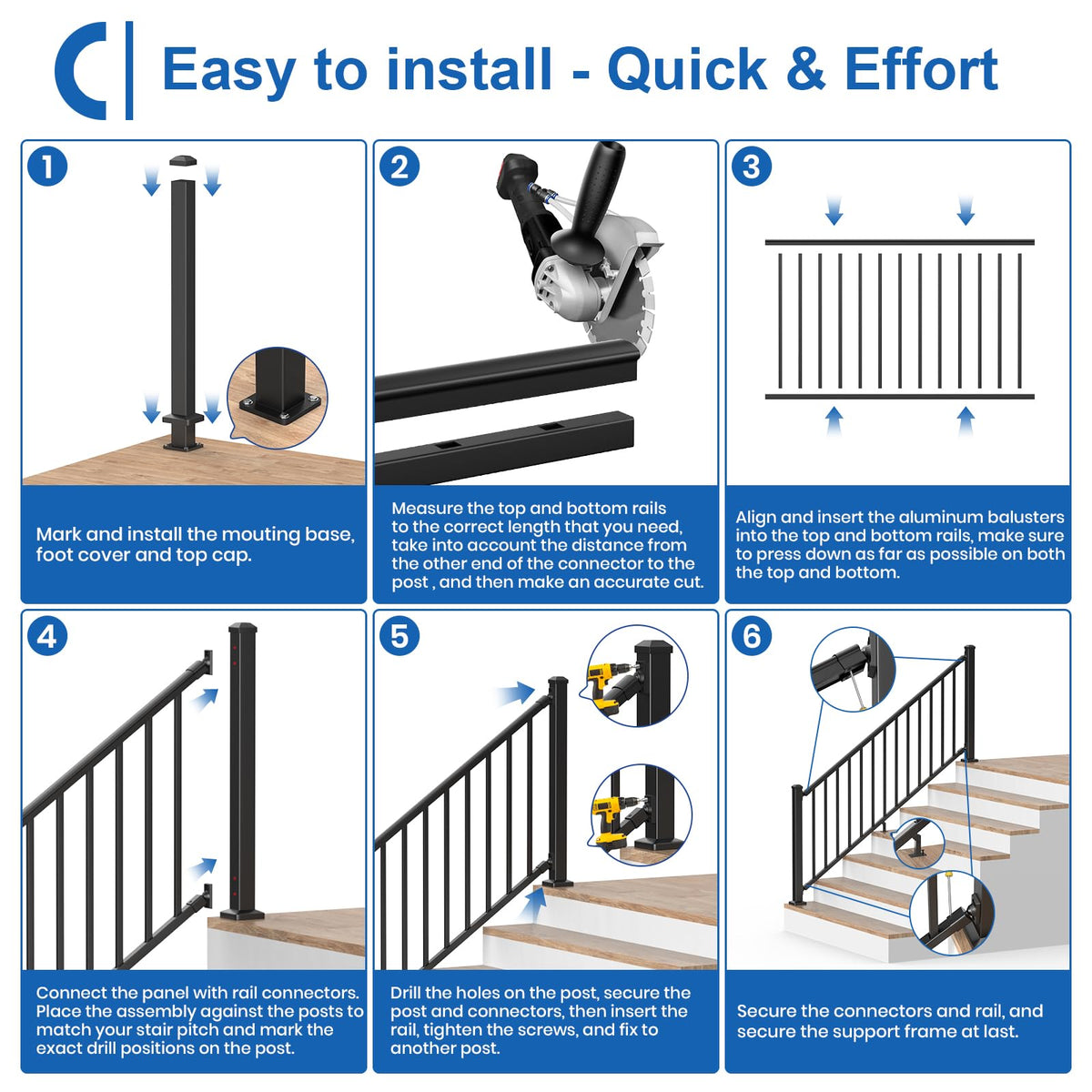 1 Pack 36 in. H x 6 ft. W Aluminum Stair Railing Kit with Post T43863