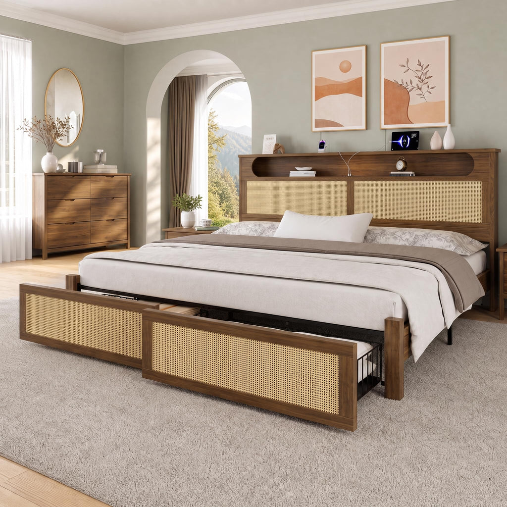 Queen Size Rattan Bed Frame with 2 Storage Drawers V48400