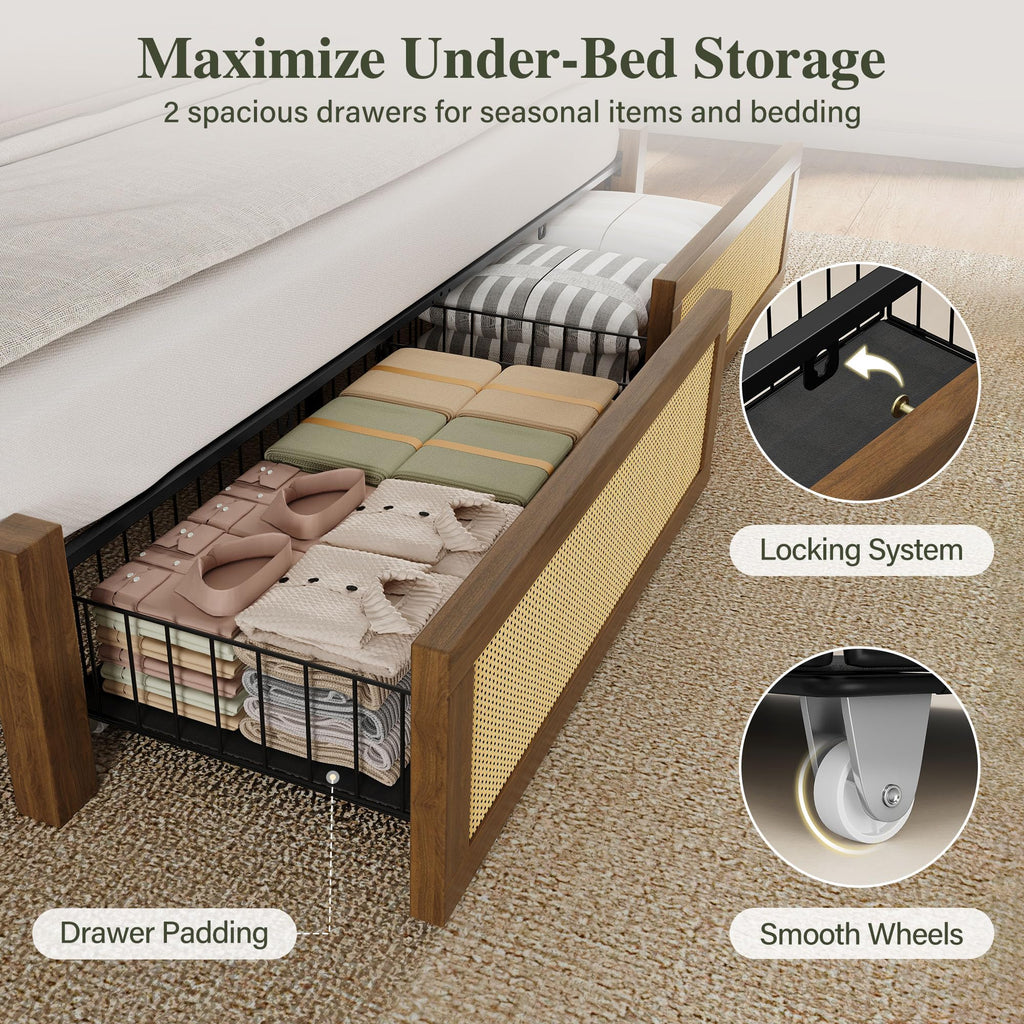 Queen Size Rattan Bed Frame with 2 Storage Drawers V48400