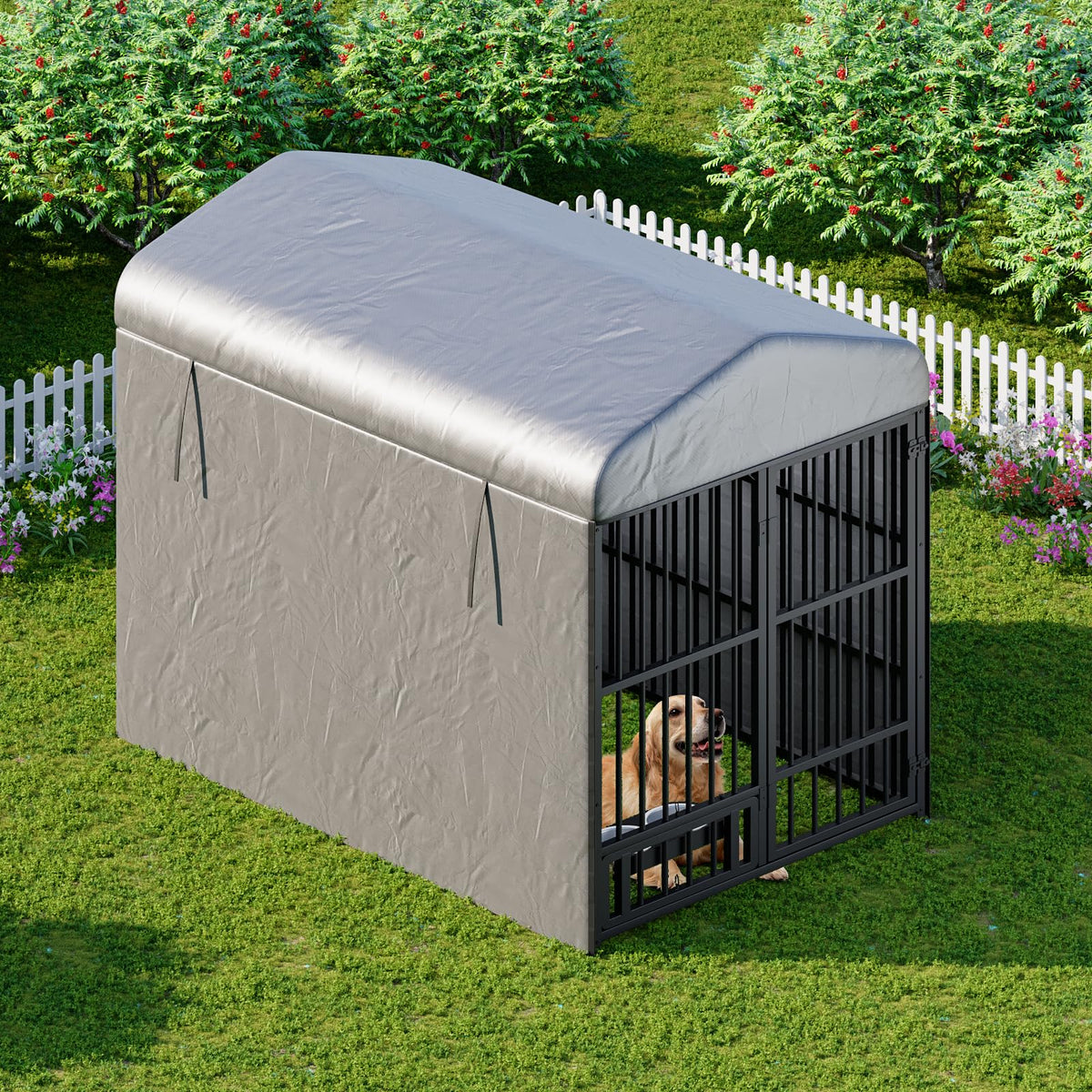 Black Dog Kennel with Cover and Feeding Bowls H2340